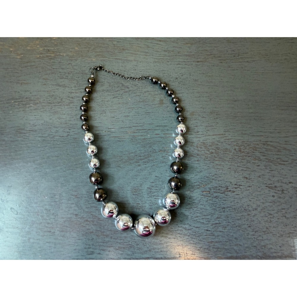 Graduated Metallic Ball Bead Necklace Silver Gunmetal Two Tone Adjustable 22in